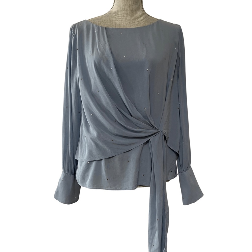 St. John blue silk blouse with draping and small studs, ice blue colour